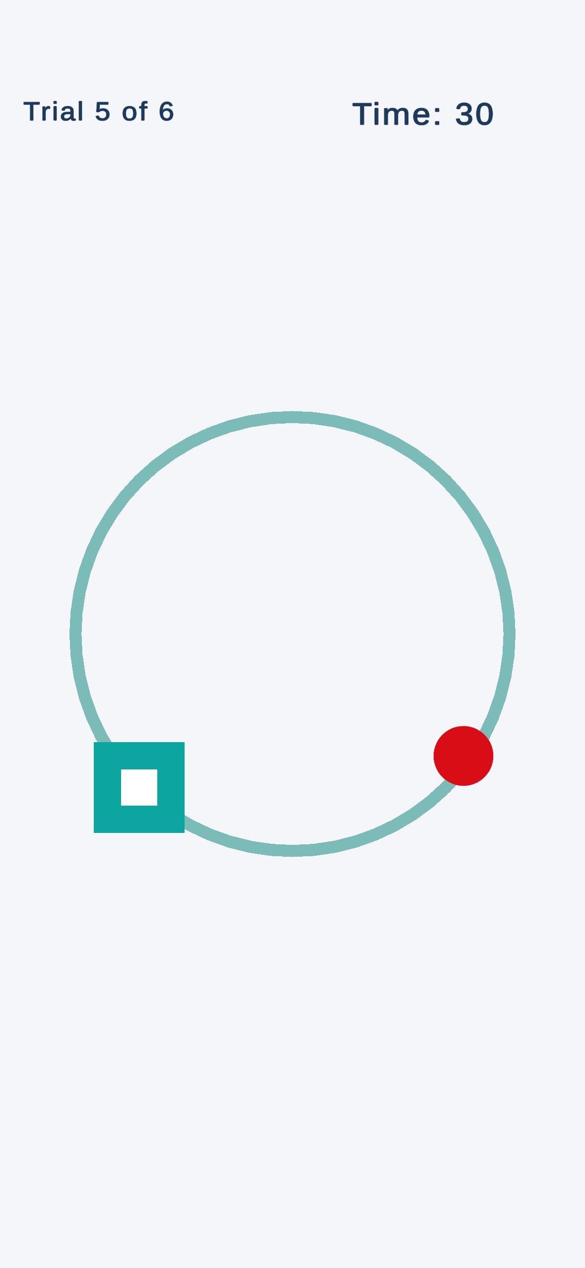 Circumduction trial showing a circle guide with ball and target on its circumference during Trial 5 of 6