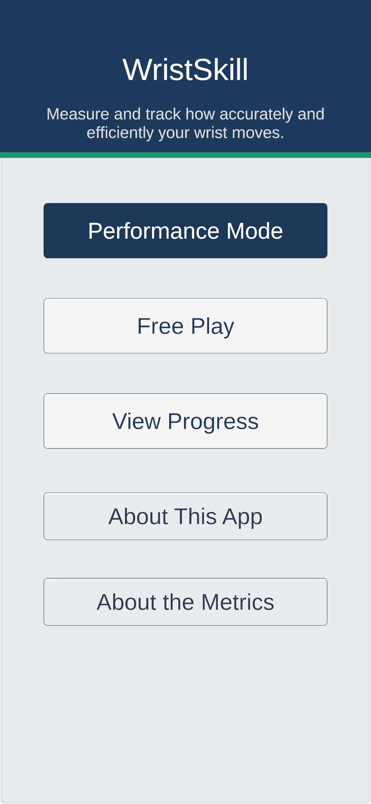 WristSkill main menu showing Performance Mode, Free Play, View Progress, About This App, and About the Metrics options