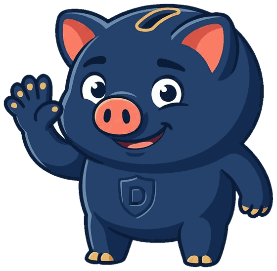 Buck, the Dad Bank piggy bank, waving