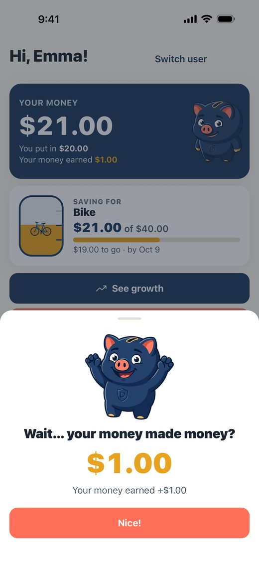 A Dad Bank sheet with Buck cheering: Wait... your money made money? $1.00
