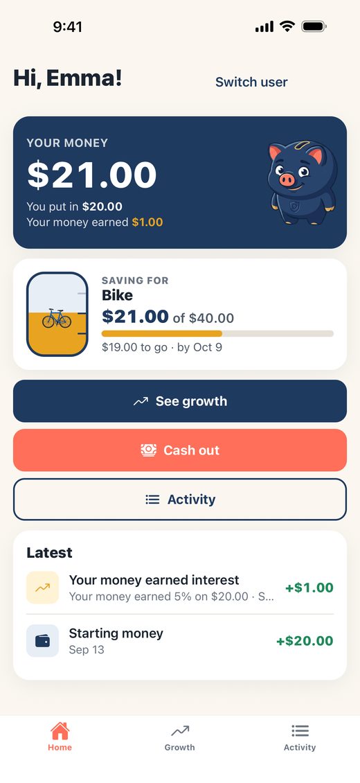 A kid's screen in Dad Bank: $21.00, what they put in, what their money earned, and a savings goal for a bike