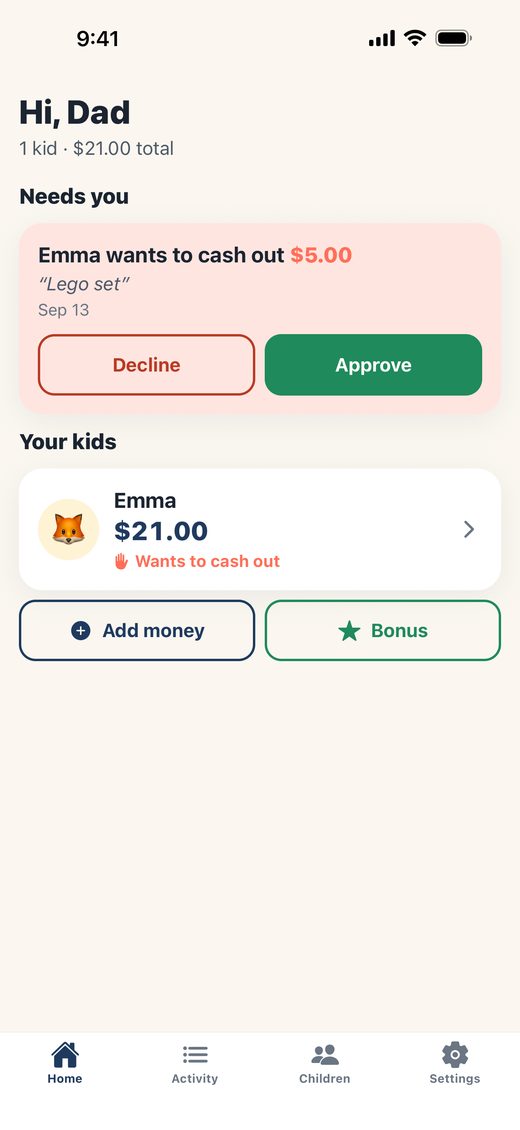 The parent screen in Dad Bank: Emma wants to cash out $5.00, with Approve and Decline buttons
