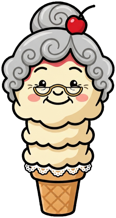 Grandma Rosa — a smiling strawberry-sundae grandmother with glasses, a silver bun, and a cherry on top