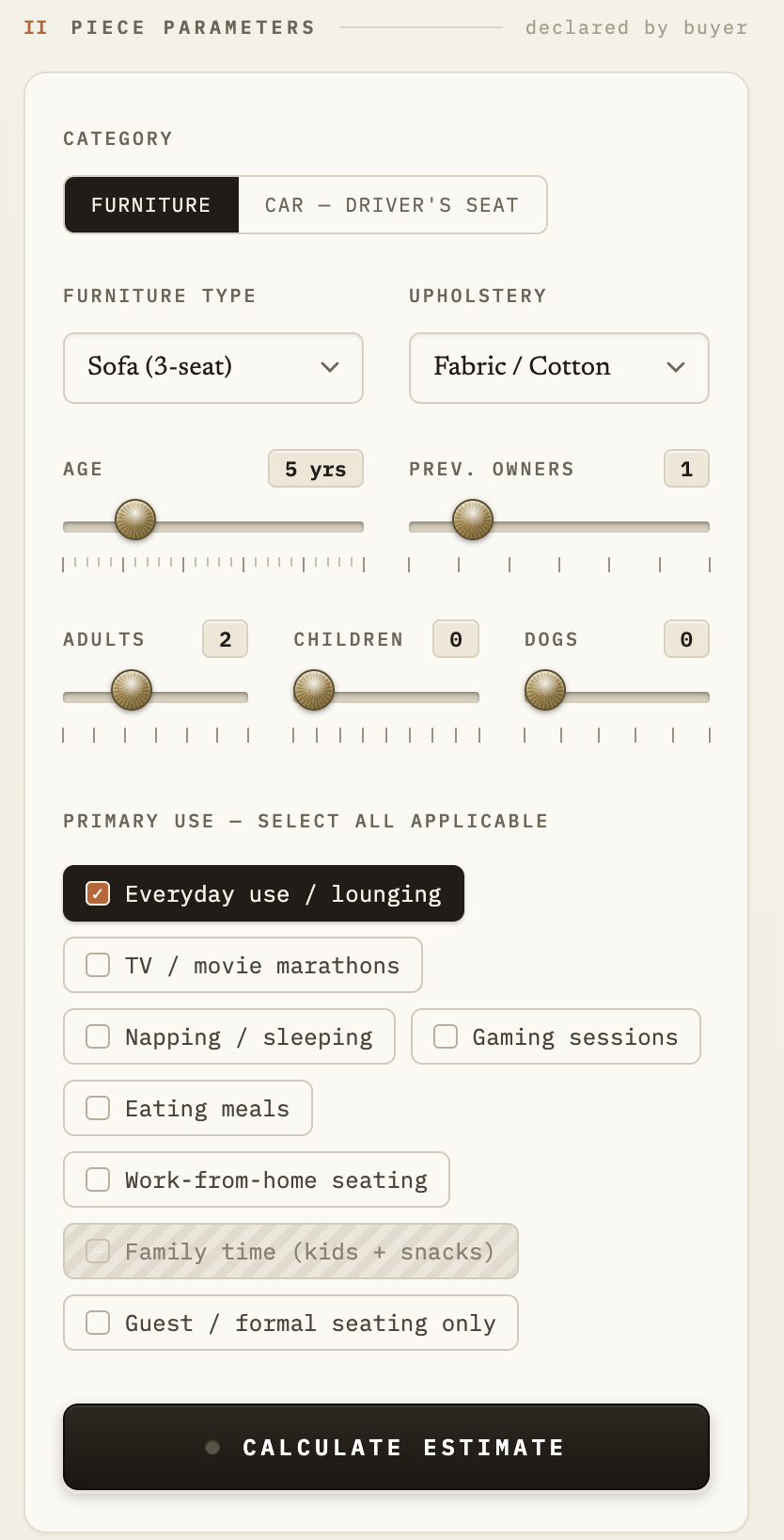 Prior Use Estimator input panel — furniture and car parameters declared by the buyer