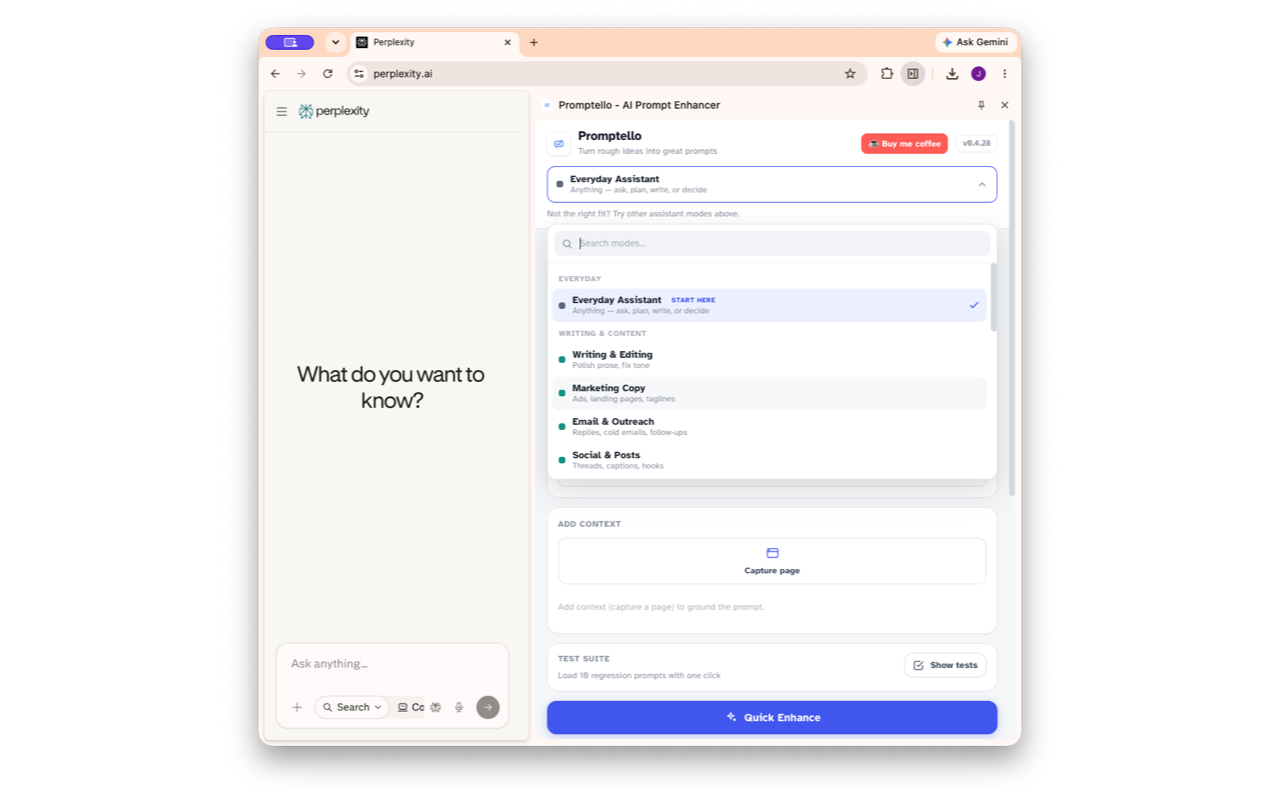Promptello mode picker showing assistant categories