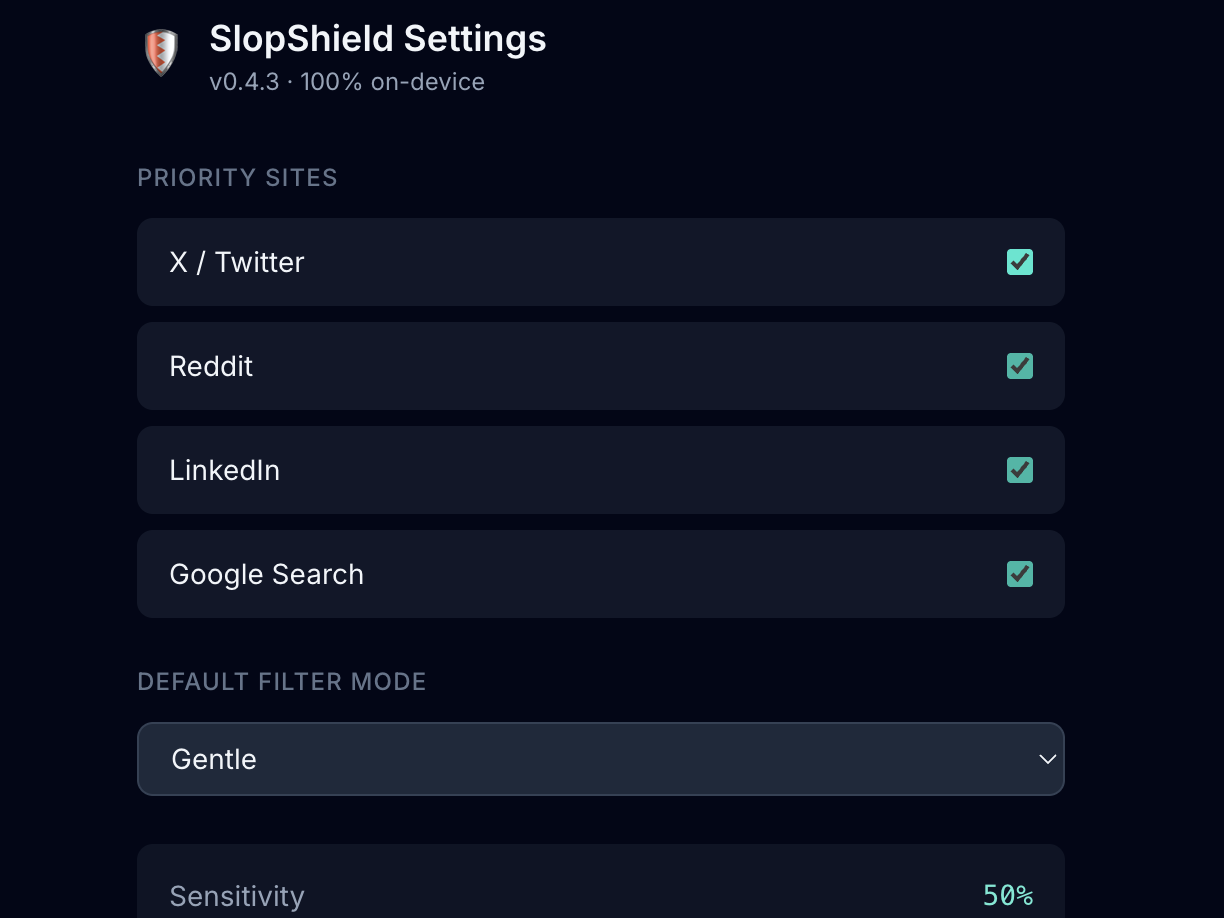SlopShield settings panel — priority sites and on-device filter modes