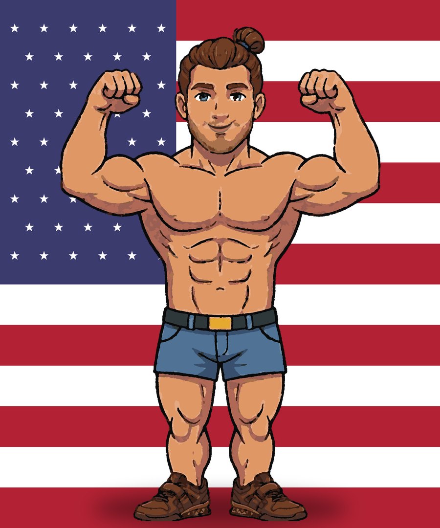 Jack Steel mascot flexing in front of an American flag