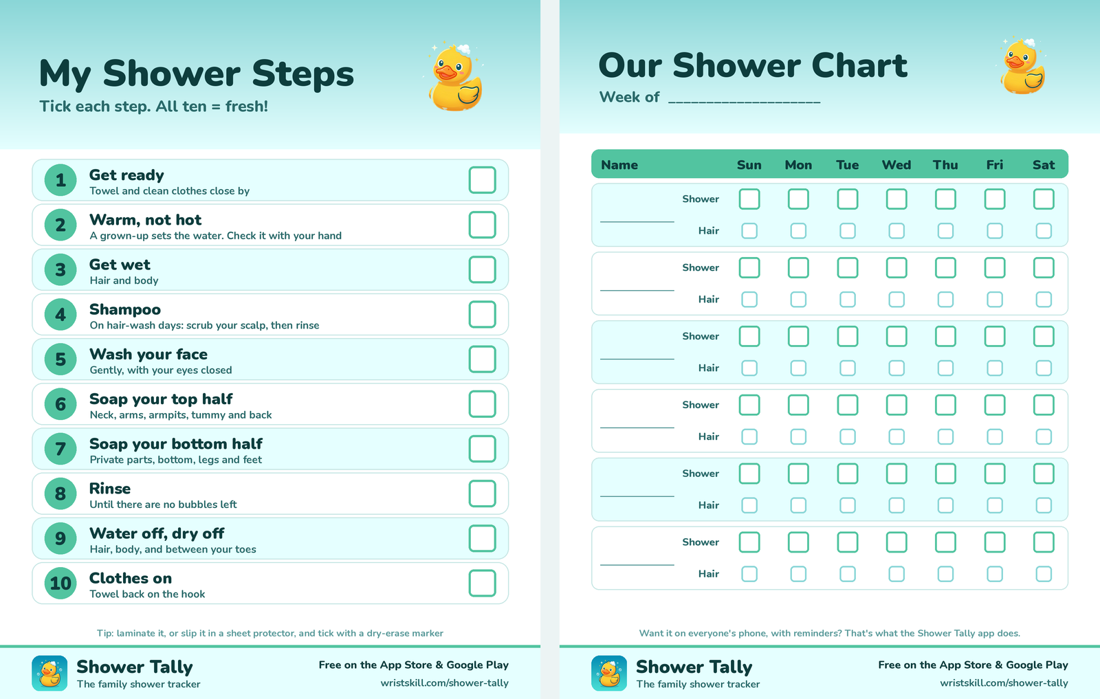 Preview of the two-page printable: a ten-step 'My Shower Steps' checklist with tick boxes, and a weekly 'Our Shower Chart' grid with shower and hair rows for six people, Sunday to Saturday.